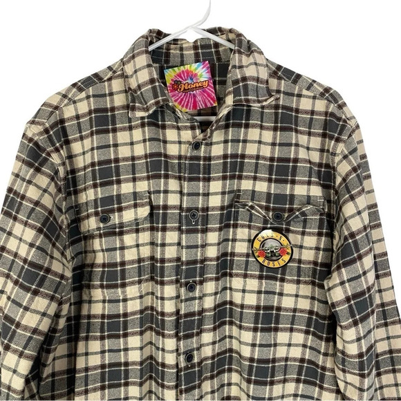 Guns N Roses Band Flannel Shirt Mens Large Unisex Plaid Button Down Shacket Grey - Picture 3 of 11